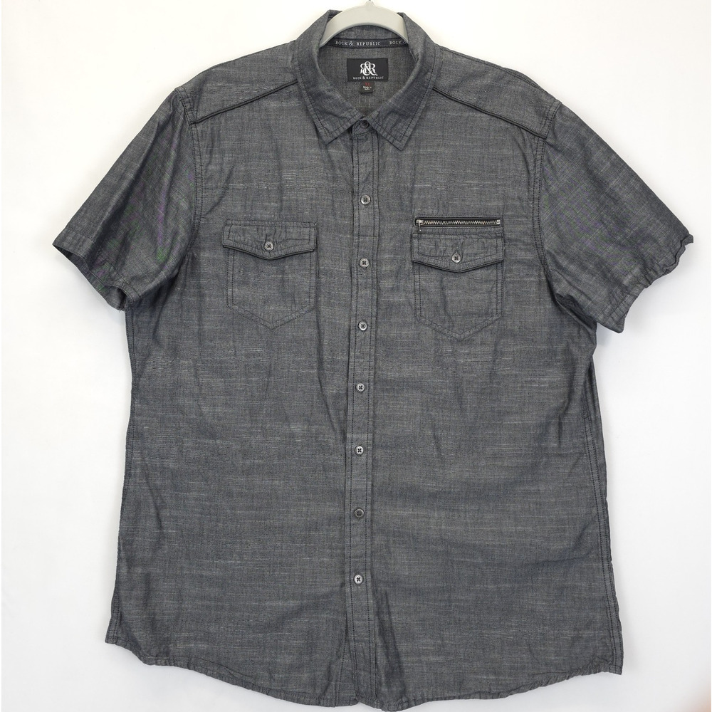 Rock & Republic Camp Button Down Shirt Flap Zip Pockets Short Sleeve Men XL Gray